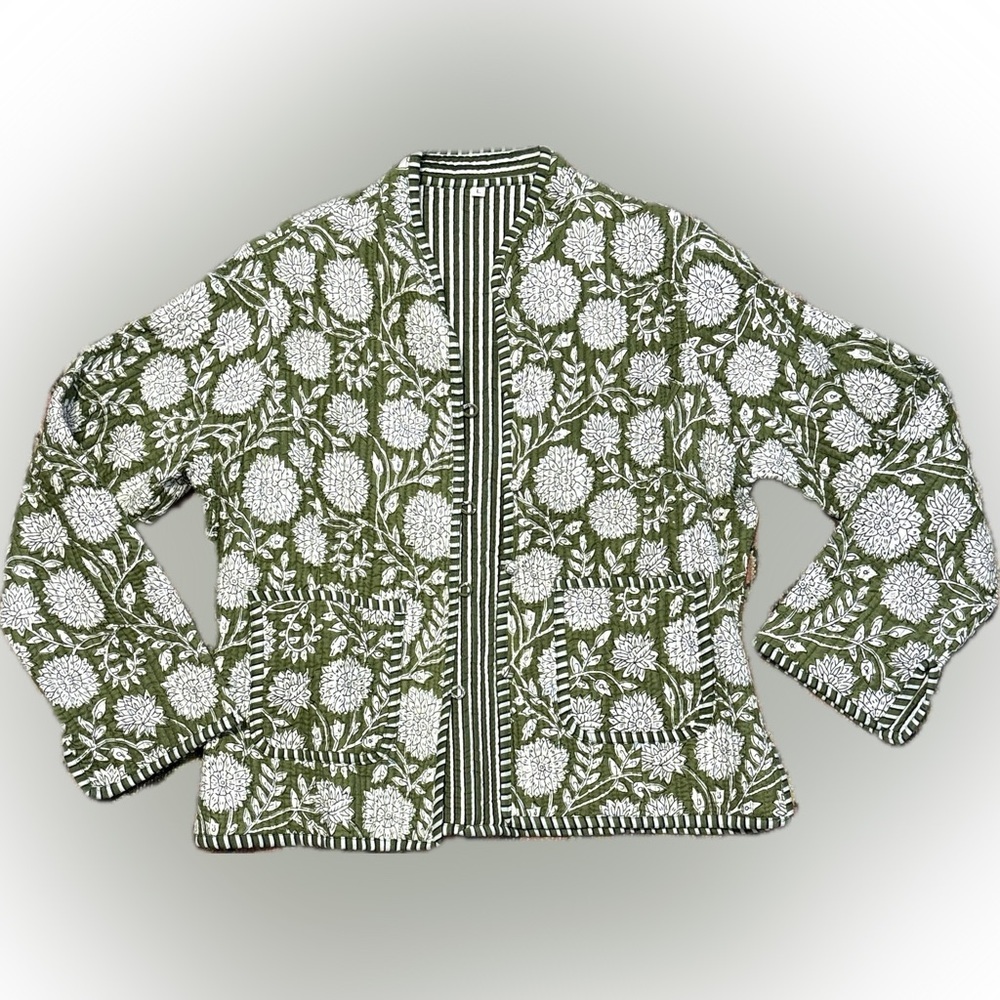 Handmade Quilted Indian Block Print Green Floral Button Up Jacket with Pockets